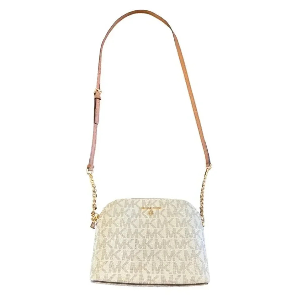 Michael Kors Dome Crossbody Bag Signature Logo Brown Leather Strap Gold Details - Picture 1 of 15